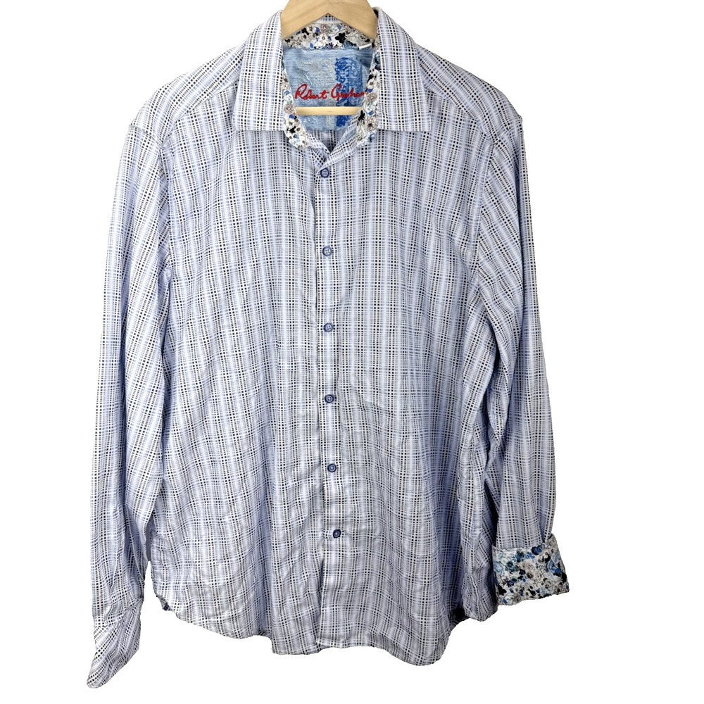 Robert Graham Mens Blue White Stripe Cotton Button Up Shirt Size 2XL Floral Cuff